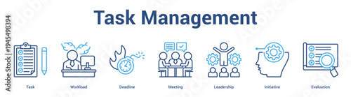 Task Management web banner icon set vector illustration concept for business with icon of Task, Workload, Deadline, Meeting, Leadersh.