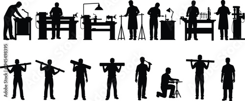Carpenter and woodworker silhouette set cad drawing flat vector illustration featuring men with workshop machinery wood planks and tools isolated.