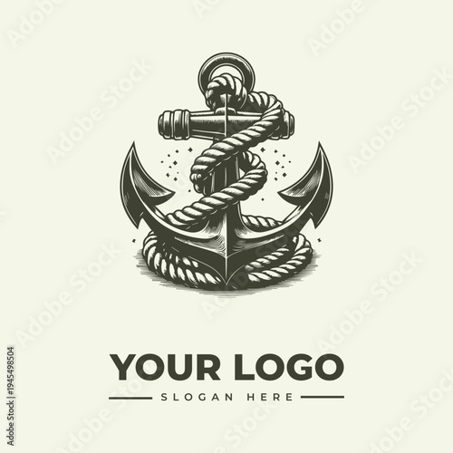 A detailed vintage engraving of an anchor with rope wrapped around it, on a clean white background, with a classic and timeless mood, featuring a logo placeholder.