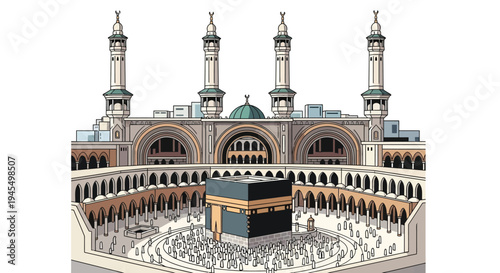 Vector illustration of Masjid al-Haram, Mecca, Kaaba, and pilgrims