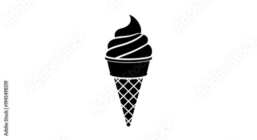 Stylized black and white vector illustration of a delicious soft-serve ice cream cone, a classic sweet dessert treat