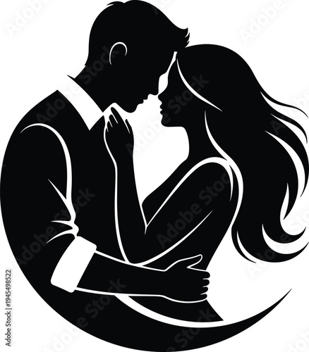 Romantic couple silhouette, intimate pose outline, love figure design, emotional connection icon, crescent arc illustration, relationship art motif