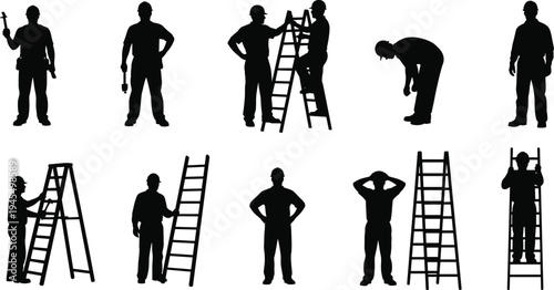 Construction worker with ladder silhouette set cad drawing flat vector illustration featuring builders engineers and repairmen in hard hats isolated.