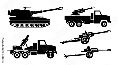 Military vehicles collection silhouette with multiple weapons in action