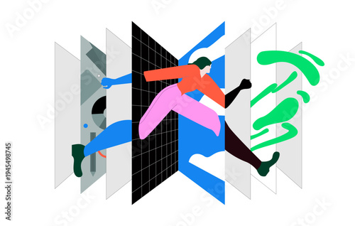 Girl running past digital screens. Concept of fast-paced modern life, information overload, and interaction with technology in the digital world.