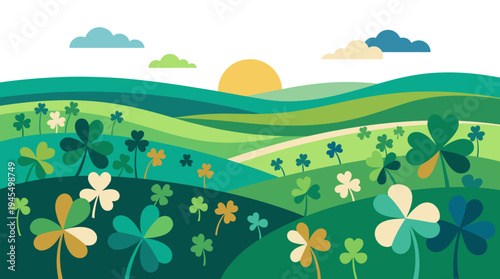 A vibrant landscape illustration of clover fields under the sun. The image portrays a scenic view of nature's beauty and the essence of luck