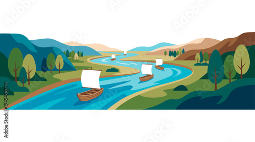 Boats sailing on a winding river through a scenic landscape. The boats have white sails and the scenery shows colorful mountain and trees