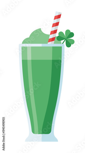 A refreshing green smoothie, with a clover leaf decoration and red and white striped straw. The drink is served in a tall glass