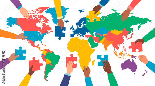 Hands assembling a world map jigsaw puzzle, promoting global unity and cooperation. A colorful representation of teamwork and interconnectedness.