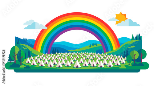 A vibrant rainbow arches over a picturesque landscape with a camp full of tents. A bright sun shines high in the sky, completing the scene of summer camping