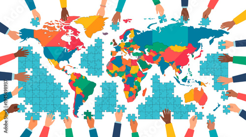 Global teamwork represented by the world map puzzle pieces held together by diverse hands. The image promotes global unity and connection