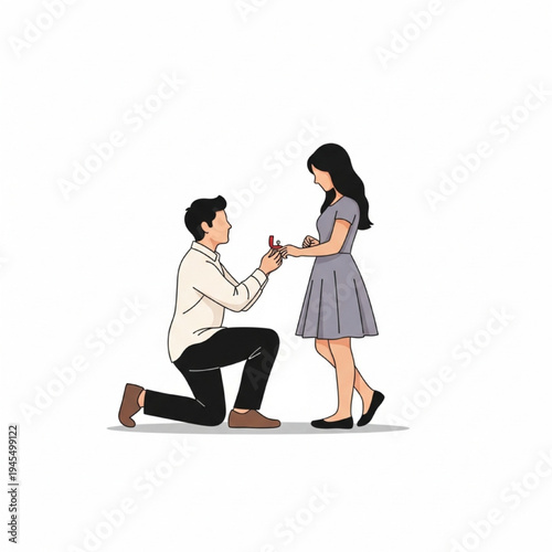 Romantic Proposal Vector Illustration, Person Kneeling Offering Ring, Couple Silhouettes, Flat Design, Love Scene