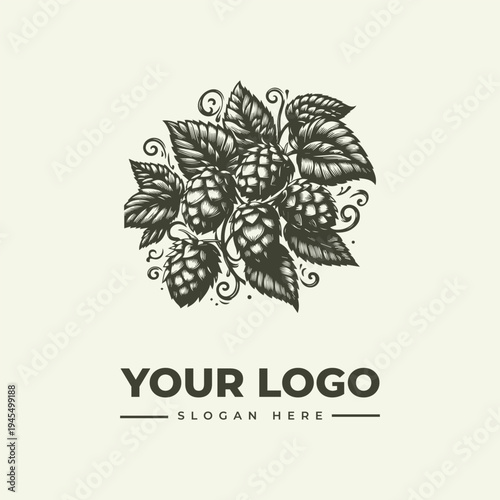 Vintage-style woodcut illustration of hops with leaves and decorative swirls, accompanied by a logo placeholder and slogan on a plain background.