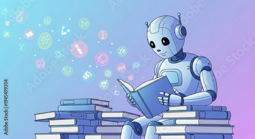 Robot reading books and surrounded by glowing icons representing knowledge and learning