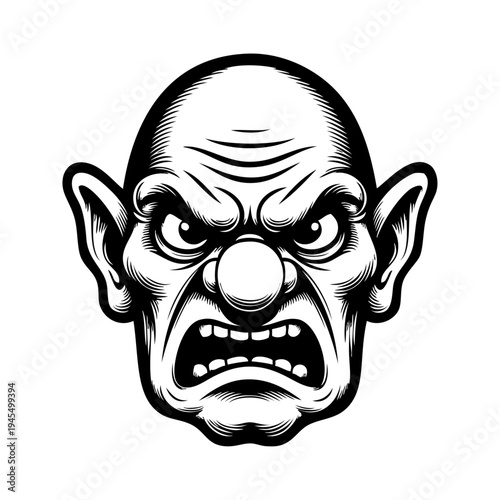 Cabeza de criatura fantástica. Dibujo sencillo con líneas de la cabeza de un orco enojado