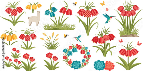 Colorful illustration of various flowers hummingbirds and a llama on white background