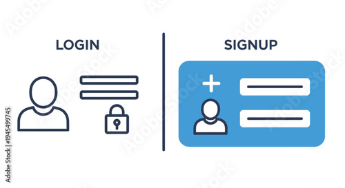 Login and signup interface with user icons and form fields displayed