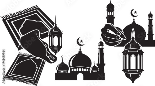 Ramadan Kareem Islamic Symbols and Mosque Architecture Illustration Set