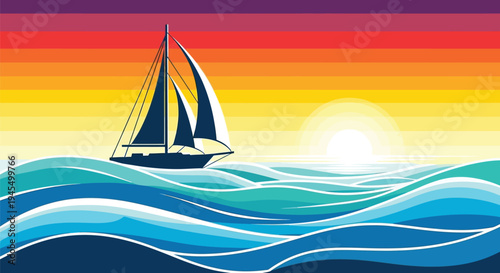 Vector sailboat on ocean waves at sunset