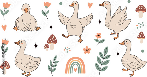 Cute goose cartoon character set with flowers mushrooms rainbow hearts nursery kawaii vector illustration collection