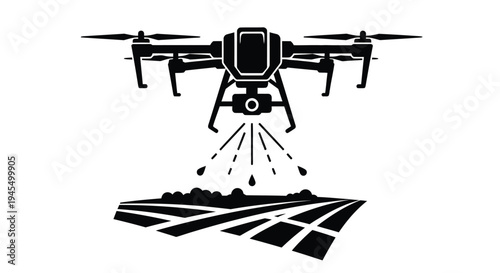 Black silhouette of a drone spraying liquid onto a field or surface