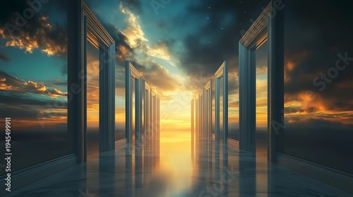 Abstract corridor of doorways leads towards bright sky and clouds concept image