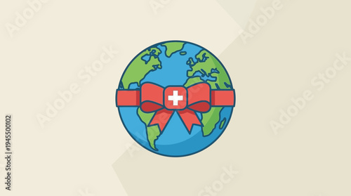 Global health icon Earth wrapped in a red ribbon with a white cross, symbolizing international medical aid and well-being