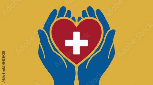Illustration of hands cradling a heart with a medical cross, symbolizing healthcare and compassion