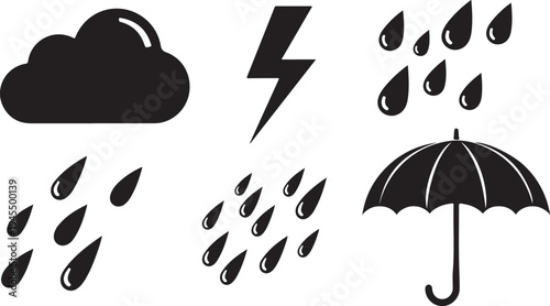 Weather icons including rain, cloud, lightning, and umbrella symbols