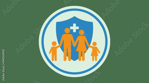 Simplified vector graphic symbolizing comprehensive family healthcare coverage and secure well-being for parents and young children