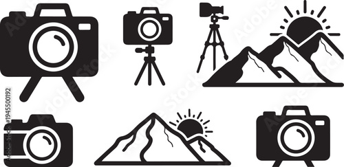 Camera and mountain icons for travel and photography themes
