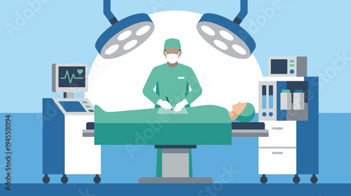 Skilled surgeon performing a critical operation on a patient in a modern operating room, surrounded by advanced medical equipment and bright lights