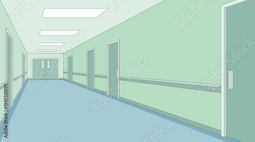 Healthcare corridor with doors and handrails, sterile and clean environment illustration