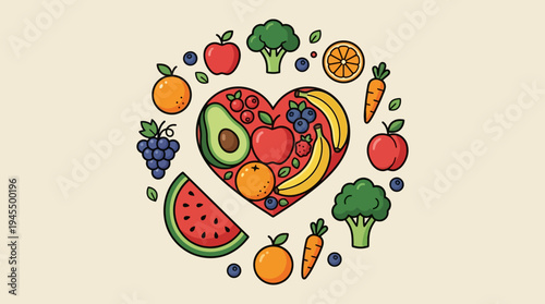 A vibrant heart-shaped arrangement of fresh fruits and vegetables symbolizing health and nutrition