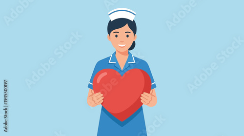 Caring nurse holding a large red heart symbol, representing love and compassion in healthcare