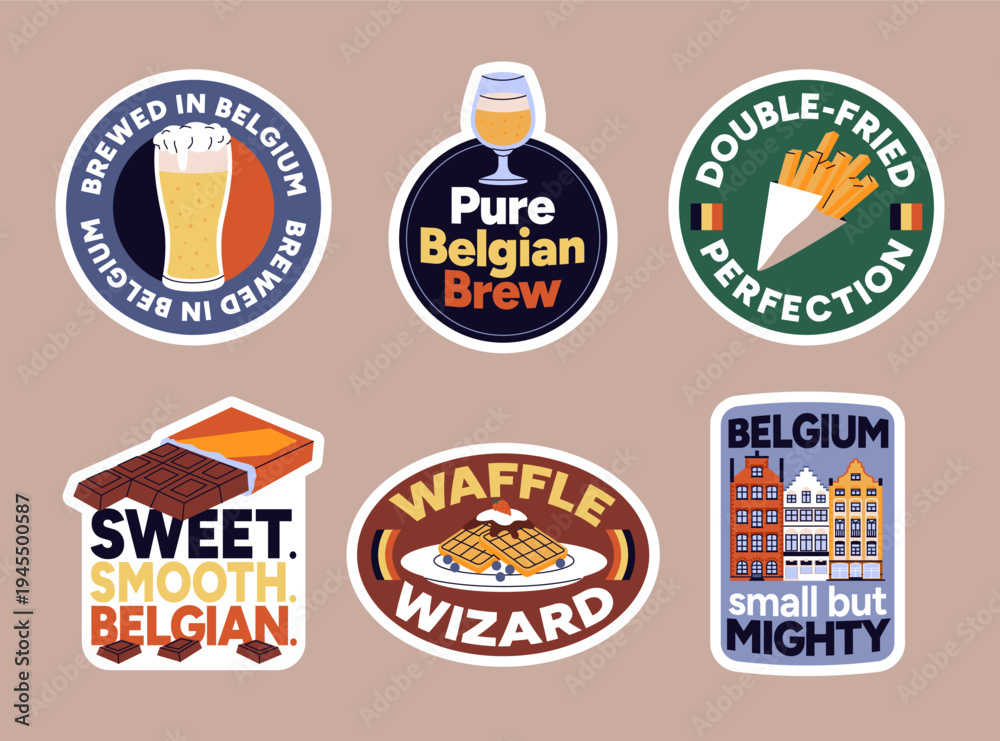 Obraz premium Belgian Culture Stickers with Beer Waffles Fries and Chocolate