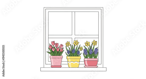 Outline illustration of a window frame with colorful potted spring flowers including tulips, daffodils, and hyacinths on the windowsill, isolated white background.