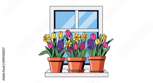 Colorful potted spring flowers including tulips, daffodils, and hyacinths displayed on a windowsill with a bright window, isolated white background.