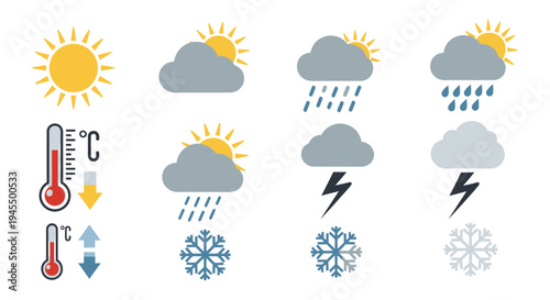 Weather forecast flat icon set showing sun clouds rain snow and temperature measurement scales