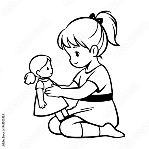 Dibujo sencillo con líneas de una niña feliz de rodillas, con ropa informal, jugando con una muñeca 