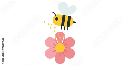 Cute honey bee with black and yellow stripes flying towards a simple pink flower with yellow pollen dust, isolated white background.