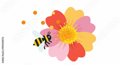 Busy honey bee with black and yellow stripes flying towards a colorful orange and pink flower with yellow pollen dust, isolated white background.