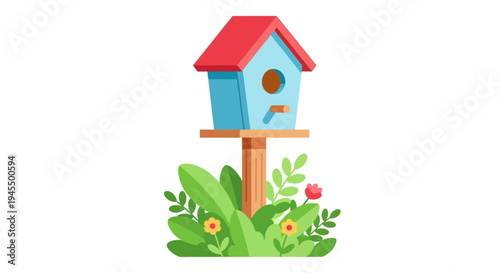Cute red and blue wooden birdhouse on a pole, surrounded by green grass and small colorful flowers, isolated white background.