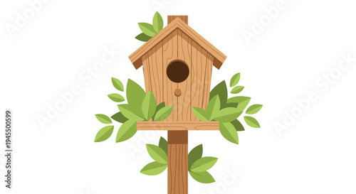 Classic wooden birdhouse on a pole, surrounded by fresh green leaves, symbolizing nature and wildlife, isolated white background.