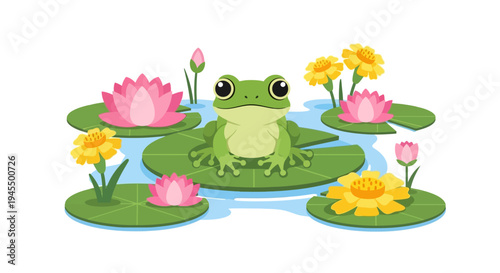 Cute Green Frog Sitting on a Lily Pad Surrounded by Pink Water Lilies and Yellow Flowers in a Pond on Isolated White Background, depicting a vibrant natural habitat