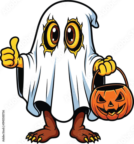 A cartoon ghost character holding a pumpkin bucket isolated on white background for halloween