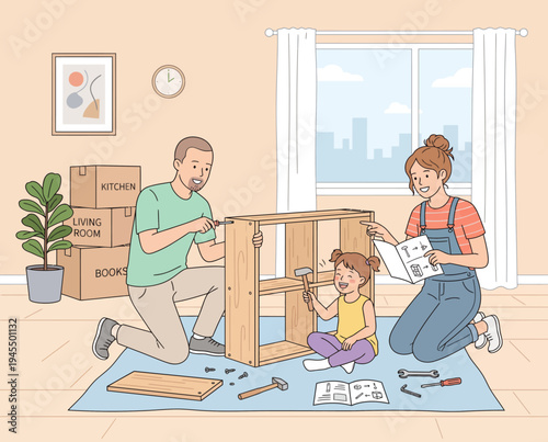 Family assembling furniture together at home.