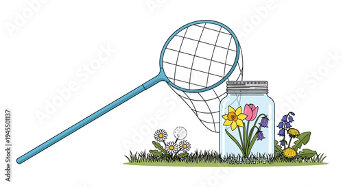 Blue Butterfly Net with Jar of Spring Daffodil Bluebell Flowers and Ladybug on Grass, Isolated White Background