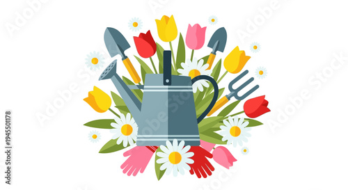 Watering Can Filled with Colorful Spring Flowers and Essential Gardening Tools, isolated white background.
