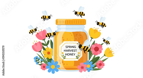 "Spring Harvest Honey" Jar with Busy Bees and Abundant Colorful Spring Flowers, isolated white background.